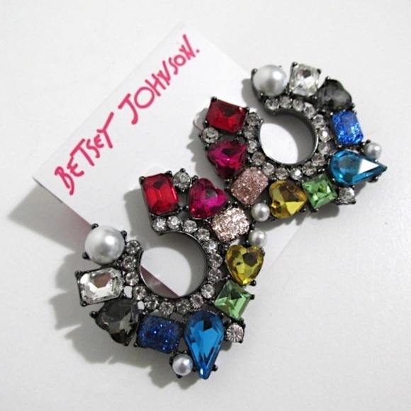 Betsey Johnson "Bling" Crystal and Pearl Hoop Earrings - Picture 2 of 3